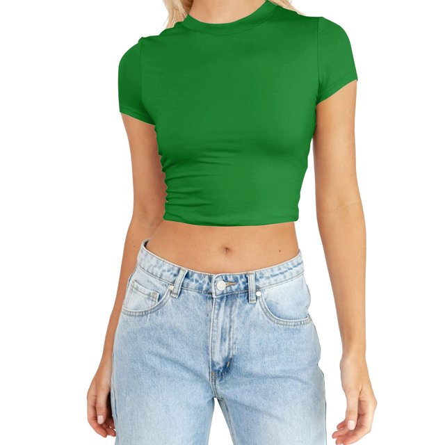 JIRNDf Hauts pour Femmes T-Shirts d'Été Tendance Mode Manches Courtes Mignon Court Basique Col Rond Coupe Ajustée Blouse pour Femmes Tunique Décontractée Hauts Vert Armée m