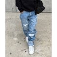 thumbnail image 3 of KIDSCOOL SPACE Kids Ripped Elastic Band Inside Rolled Up Raw Edge Leg Slim Jeans,Blue,6-7 Years, 3 of 7
