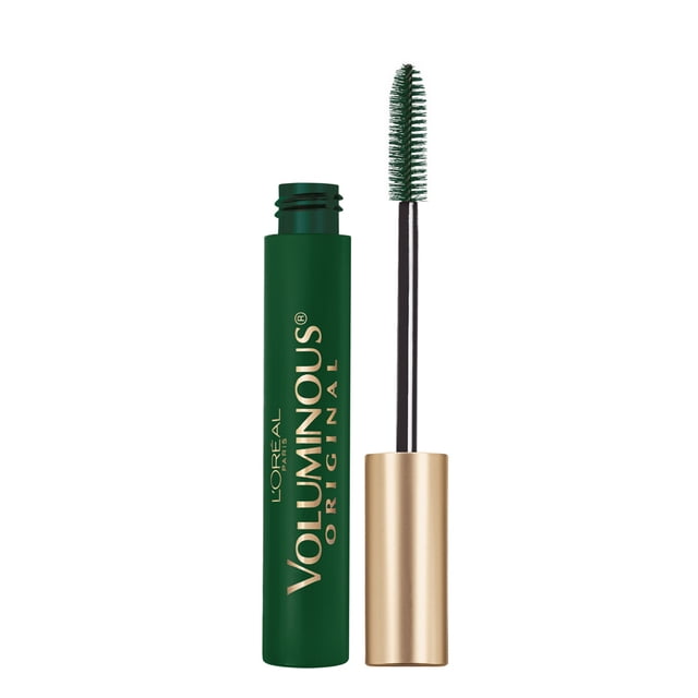 L'Oréal Paris Voluminous Original Mascara in a dark green tube with gold cap, featuring a volume maximizing brush that thickens lashes up to 5X naturally, resists clumping, smudging, and flakes for a full, soft lash look suitable for sensitive eyes.