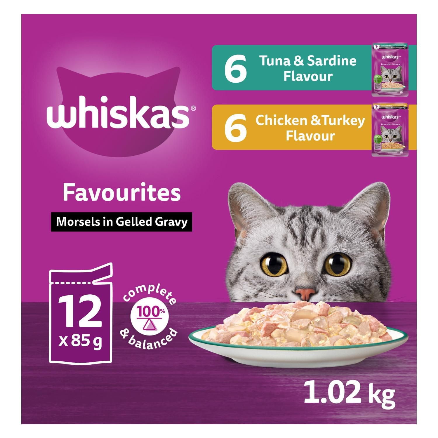 WHISKAS FAVOURITES Adult Wet Cat Food Morsels in Gelled Gravy Tuna and Sardine Flavour, Chicken and Turkey Flavour Pouch Variety Pack
