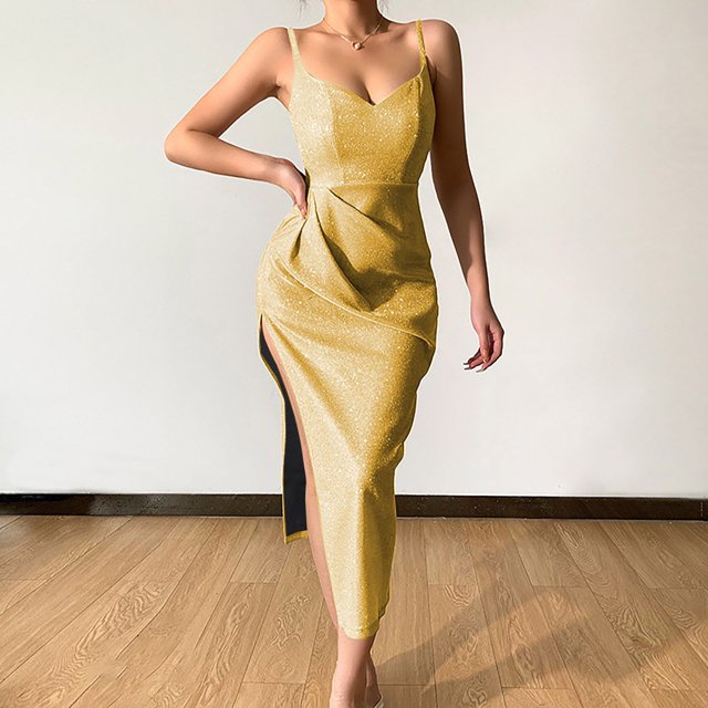 Gspmoly Robes pour Femmes, Mode Femmes Été Décontracté Uni Col en V Camis Sans Manches Gilet Longue Robe Robes de Soirée pour Femmes Offres des Fêtes