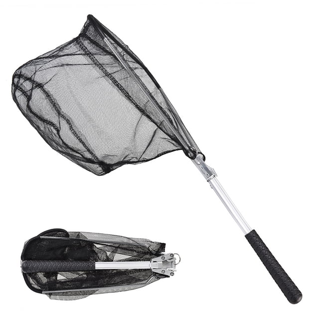 Folding Fish Landing Net Collapsible Triangular Fly Fishing Net designed for anglers, featuring quick-drying nylon mesh, non-slip rubber grip, and durable aluminum alloy pole. Shown in unfolded triangular shape and folded compact form, suitable for catch-and-release fishing and angling enthusiasts.