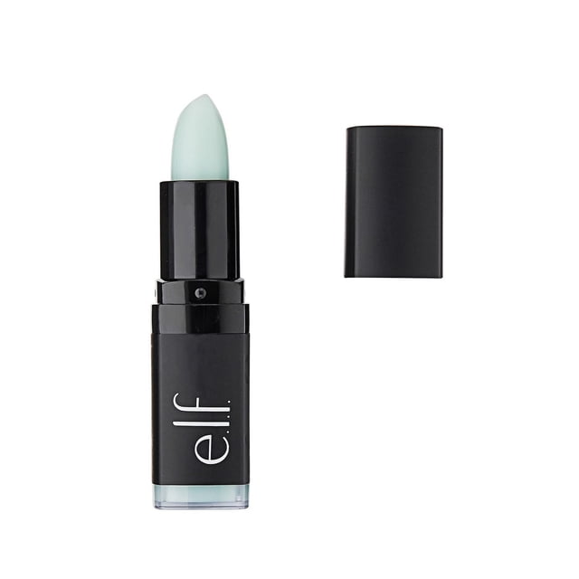 e.l.f. Cosmetics Lip Exfoliator in a black twist-up tube with the cap removed and placed beside it, revealing a pale blue balm stick for gentle lip exfoliation and conditioning, suitable as a lip scrub and treatment.