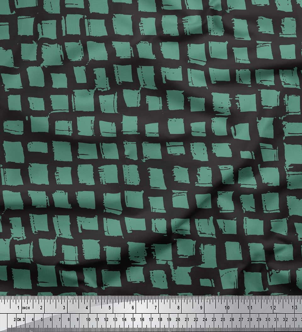 Soimoi Green Poly Georgette Fabric Stripe & Square Geometric Printed Fabric 1 Yard 52 Inch Wide