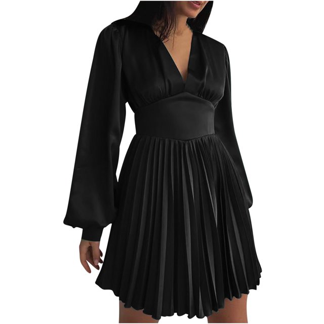 Birdeem Robe Aguichant pour Femmes Col en V Dos Fermeture Éclair Manches Trompette Plissée Satin Taille Haute