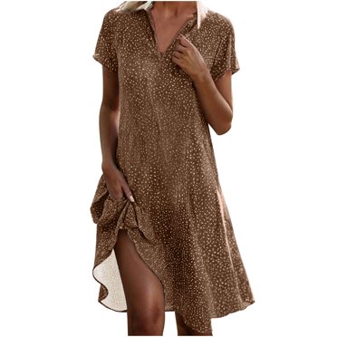 LOVZFMLL Robe à Pois pour Femme, Nouvelle Collection Printemps/été, Col à Manches Courtes, Longueur Genou, Brun, 2TG