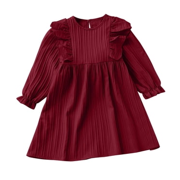 biudgviw Toddler Girls' Cotton Linen Dress Ruffle Long Sleeve Crew Neck Solid Color Textured A-Line Dresses Casual Spring Fall Dress