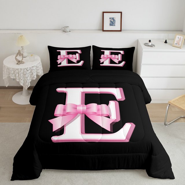 Erosebridal Initial E Letter Bedding Full Comforter Set, Princess Bow Down Comforter, Monogrammed Reversible Comforters & Duvets, Microfiber Room Decor, 3 Pieces