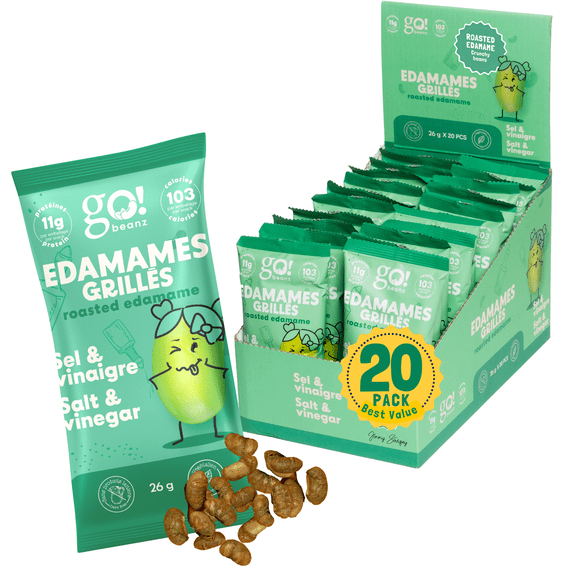 Value Pack 20 x 26g, Jimmy Sevigny Go Beanz Crunchy Roasted Edamame Snacks, Salt & Vinegar, High Protein Plant-Based Snack, 11g Protein per Bag