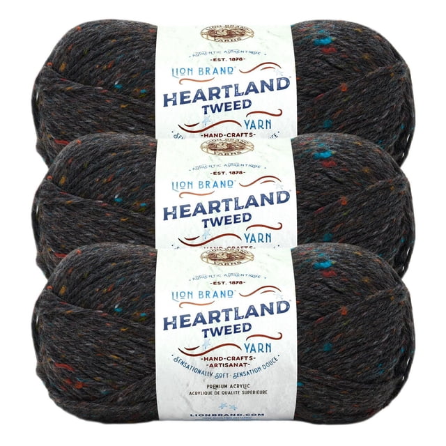 Lion Brand Yarn Heartland Yarn 3Pack with three skeins of medium worsted weight tweed yarn in dark grey with multicolored flecks, made of 100% acrylic fiber, machine washable and dryable, ideal for knitting, crochet, and crafting durable home décor items.