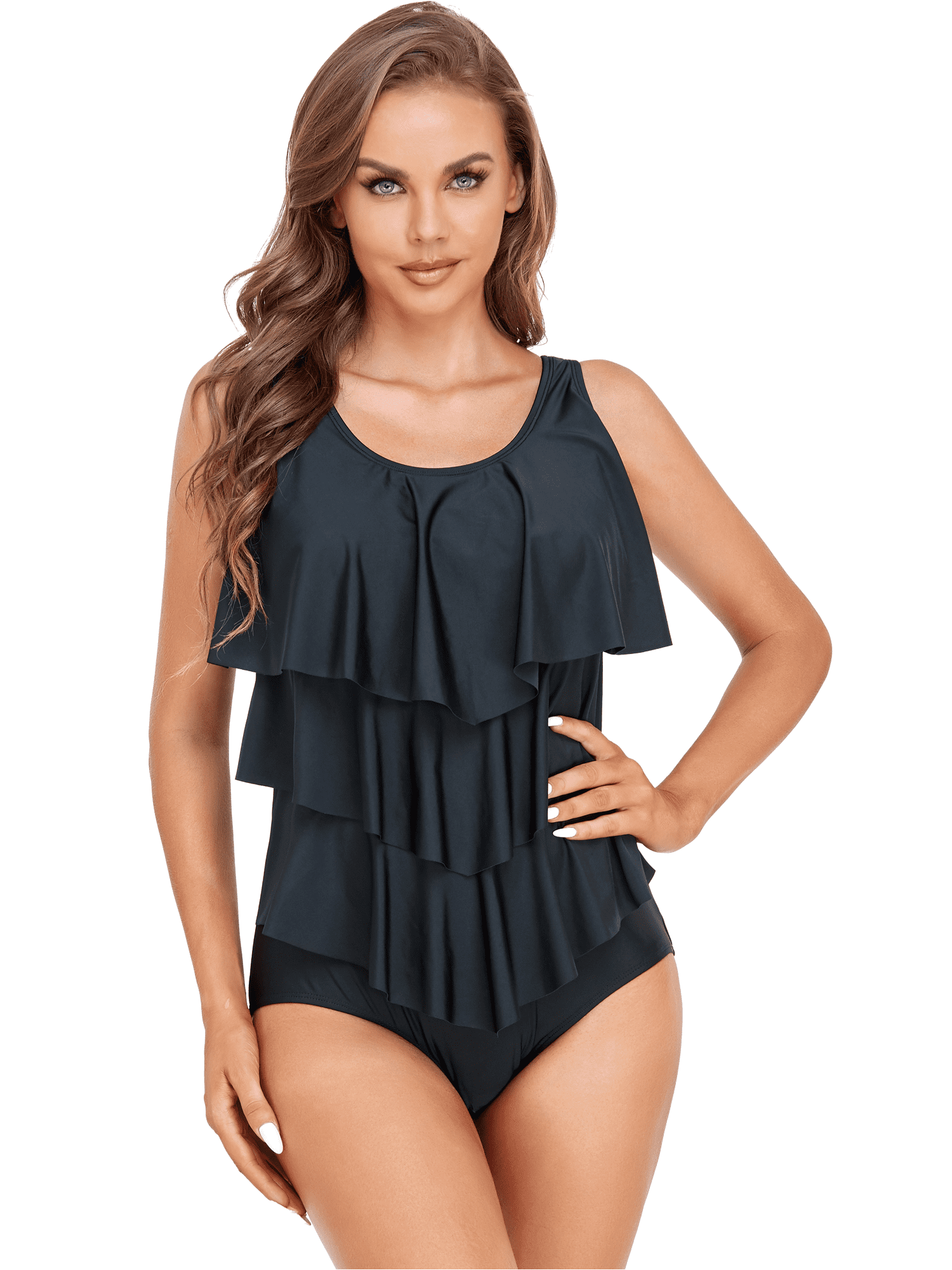 BIMEI One Piece Mastectomy Swimwear Pocketed Swimsuit Ruffle Bathing Suit 956,Black,2XL