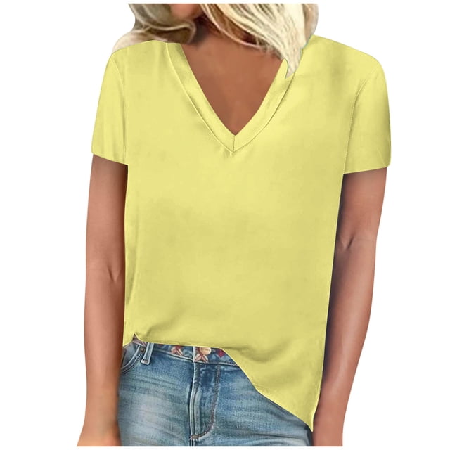 FAIWAD Womens Summer Tops Short Sleeve V Neck Pullover Shirts Loose Casual Solid Color Basic Tops