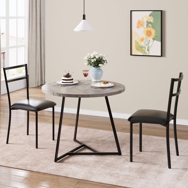 Dining Table Set for 2, Round Kitchen Table and 2 Chairs, Metal Frame, 3 Piece Kitchen Table Set for Small Space, Apartment, Studio
