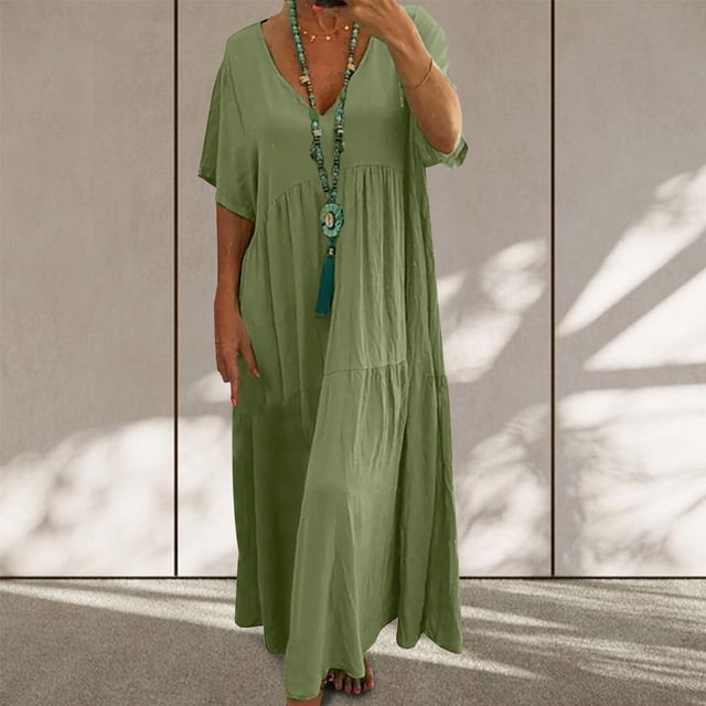 Robes pour Femmes 2024 Été Surdimensionnée Coton Lin Couleur Unie Ample Col en V Robe à Manches Courtes Rabais de 50 % Liquidation!