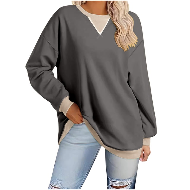 biudgviw Sweatshirts for Women Crew Neck Long Sleeve Oversized Pullover Tops Color Block Loose Fit Fall Clothings