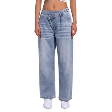 Aocisk Jeans en Denim à Jambe Droite Unis pour Femmes, Pantalon Décontracté Coupe Ample pour Femmes avec Taille Élastique pour Usage Quotidien Bleu m
