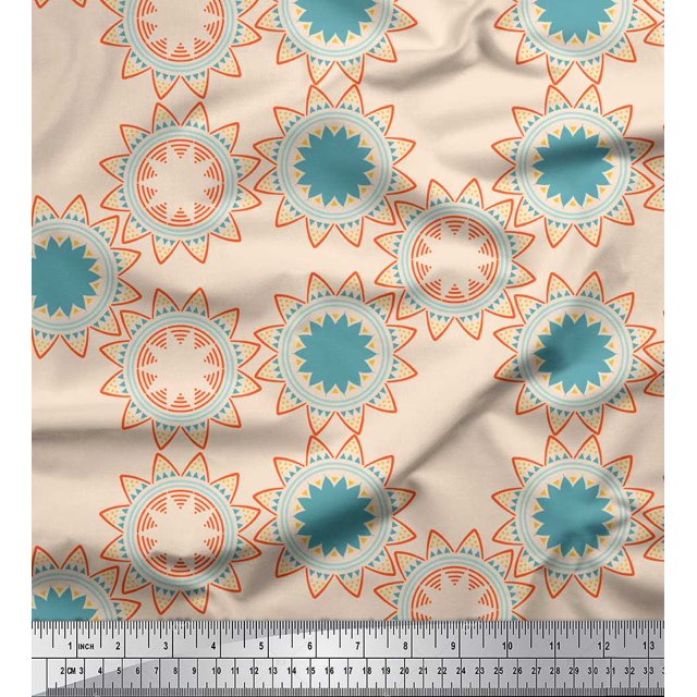 Soimoi White Poly Georgette Fabric Sun Mandala Decor Fabric Printed Yard 42 Inch Wide