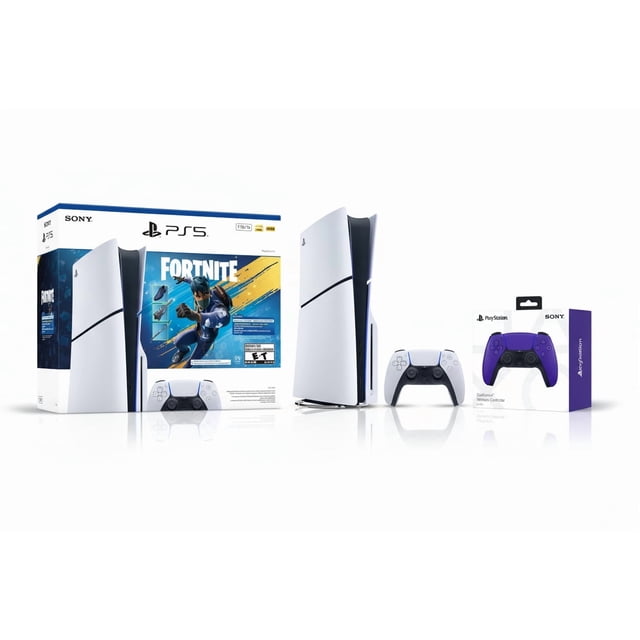 PlayStation 5 Slim Console + PlayStation 5 DualSense Wireless Controller Galactic Purple - Includes PS5 Console & DualSense Controller centered front-facing view of the slim PS5 console beside a Galactic Purple DualSense wireless controller; product specs list 1 TB SSD, 16 GB RAM, up to 120fps @ 120Hz output, 4K and ray tracing support, DualSense haptic feedback and adaptive triggers. Suitable as a living-room media hub for streaming and movie playback.