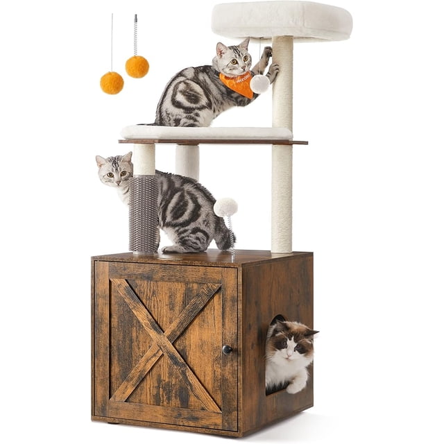 Feandrea Cat Tree with Litter Box Enclosure, a 2-in-1 modern cat tower for indoor cats, featuring a rustic brown finish. The 52.8-inch cat condo includes a multi-level design with a top perch, three sisal-covered scratching posts, a self-groomer, and washable cushions. The lower section serves as a litter box cabinet with a barn-style door. Two cats are shown interacting with the structure, highlighting its functionality and comfort. Includes two orange pompoms with bells and two spare white pompoms for play.