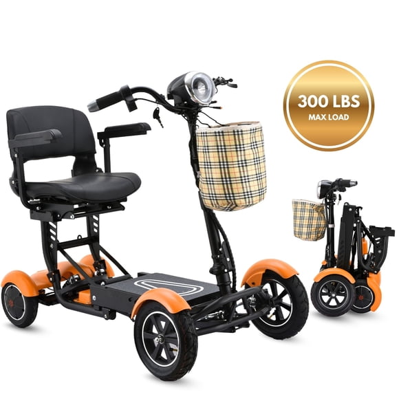 Trottinette de Mobilité Électrique Motorisée Légère - Fauteuil Roulant Haut de Gamme à Grand Siège de 16 Pouces avec Accoudoirs Rembourrés et Phare DEL - Orange Mat
