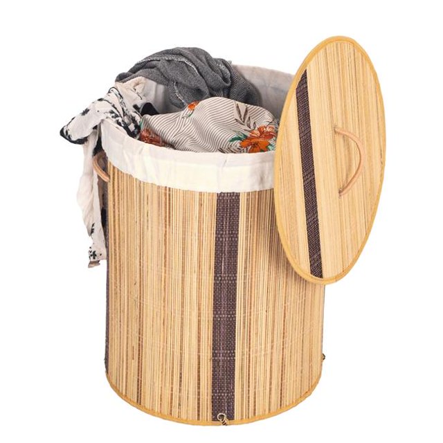 Vintiquewise QI004430-N_RO Round Foldable Coconut Stick Laundry Hamper with Lid and Handles for Easy Carrying