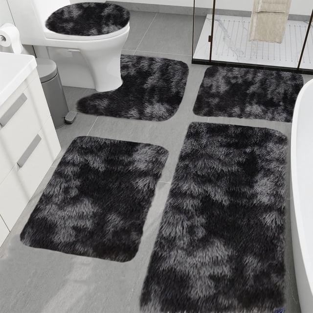 LSLJS Mixed Colors Bath Mats 5 Set Bathroom Rugs for 5PCS Toilet Mats Universal Soft Comfortable Water Absorption Non-Slip Thick Machine Washable Easy Dry Dark Color. This bathroom accessories set includes five pieces in various sizes, crafted from plush velvet fleece in a black mixed color design. The mats are shown in a modern bathroom, placed around the toilet, sink, and shower. Each mat features a non-slip backing for safety and excellent water absorption, making them ideal for daily use.