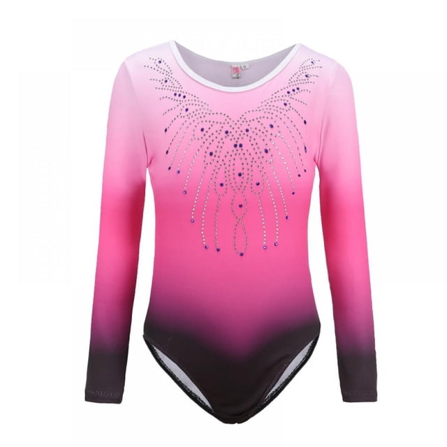 Greyghost Children Kids Girls Long Sleeve Leotards with a bright gradient color pattern transitioning from pink to black. The leotard features a diamond-like decorative design on the chest, long sleeves, and a fitted silhouette. Made of polyester and spandex for comfort and flexibility, ideal for girls' dancewear, gymnastics, ballet practice, and activewear.