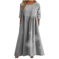 thumbnail image 2 of LOVZFMLL Womens Spring And Summer Round Neck Printing Cotton And Linen Casual Short Sleeved Dress Gray M, 2 of 6
