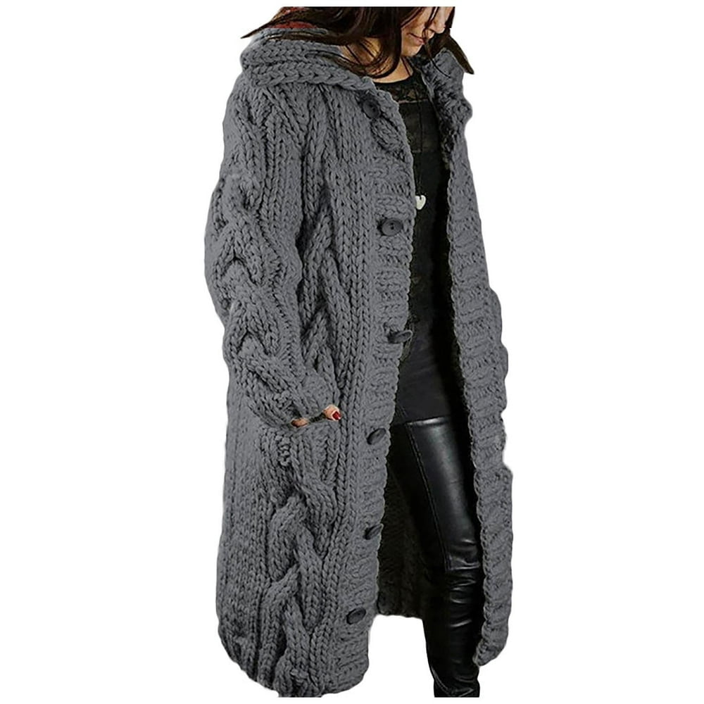 Women‘s Long Large Classic Cardigans Cable Knit Hood Sweater Oversized Button Duster Coat with Pocket 2024