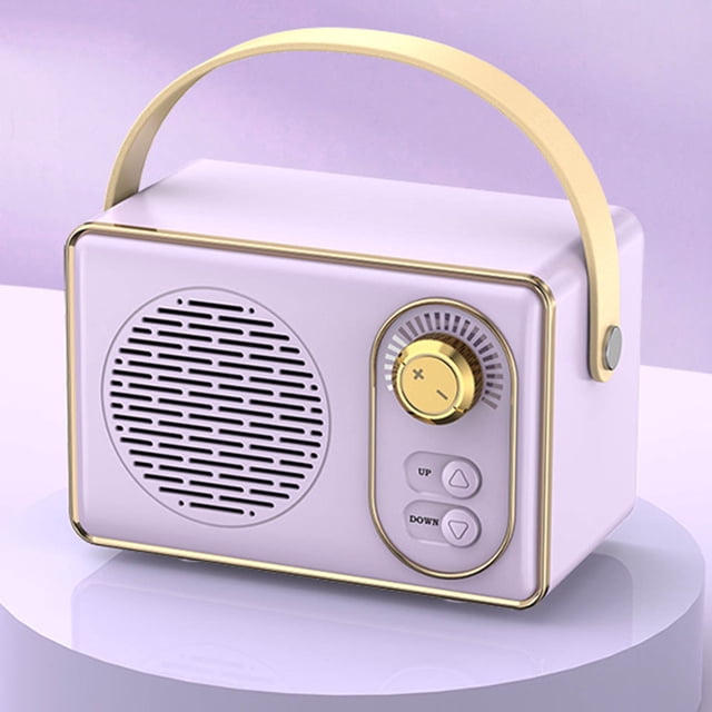 TIMIFIS Bluetooth Speakers Wireless Retro Bluetooth Speaker with Bluetooth 5.0 connectivity, compact design, and a leather handle for portability. Shown in pastel purple with gold accents, it features a circular grille, a classic knob for volume adjustment, and navigation buttons. Offers HIFI sound quality and is suitable for indoor and outdoor use, camping, or office settings.