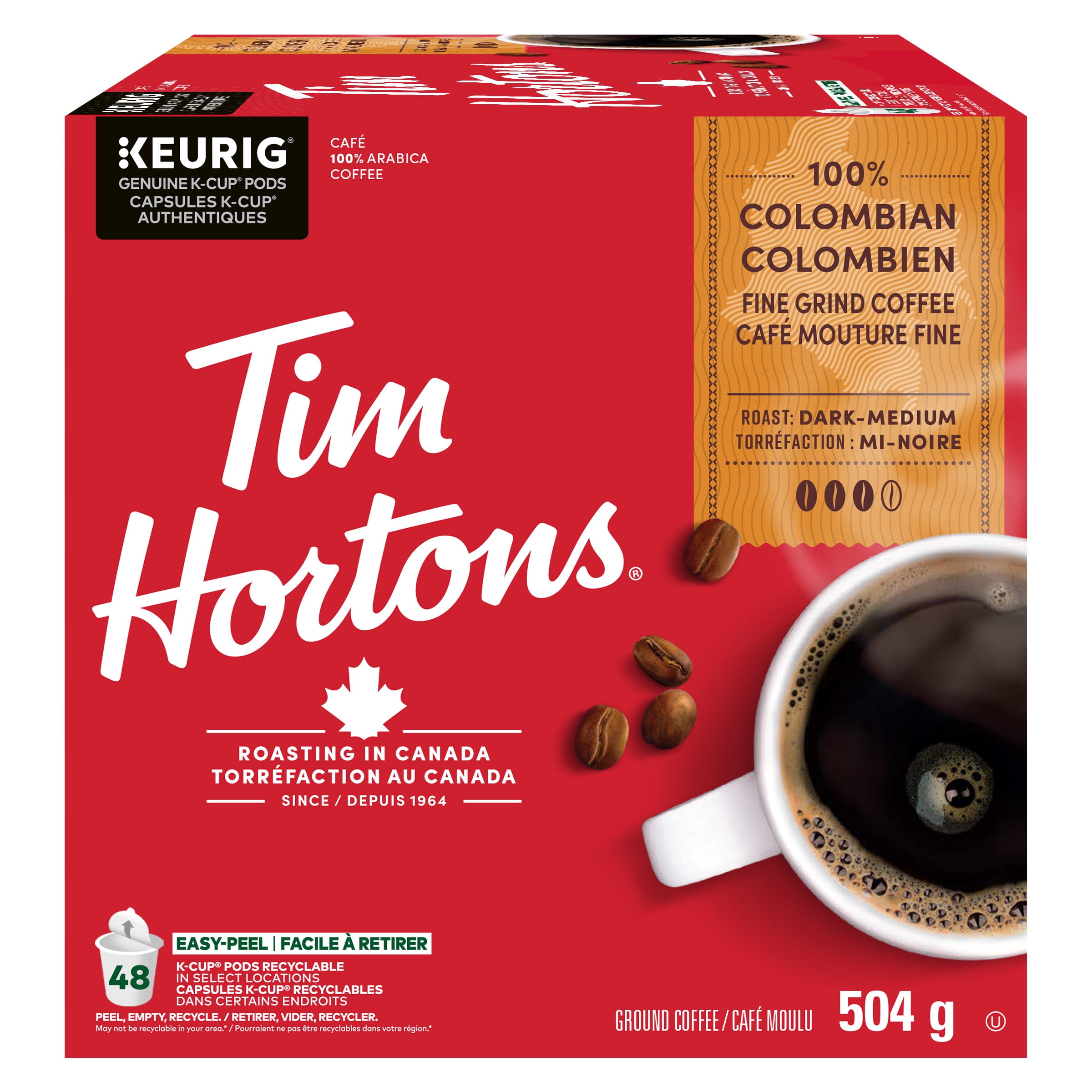 Capsules de café Tim Hortons 100 % colombien, torréfaction mi-foncée, capsules K-Cup à usage unique, compatibles Keurig, goût frais, 48 capsules