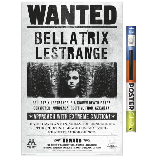Le Monde des Sorciers : Harry Potter - Bellatrix Affiche Murale de Recherche, 14,725 Pouces x 22,375 Pouces, Présentant une Affiche Vintage de Recherche avec Texte Noir Audacieux « Wanted » et « Bellatrix LESTRANGE » au-Dessus d'Un Profil Latéral Noir et Blanc de Bellatrix LESTRANGE aux Cheveux Bouclés. l'Affiche la Décrit comme une Mortelle Connue, un Meurtrier Convaincu et une fugitive d'Azkaban