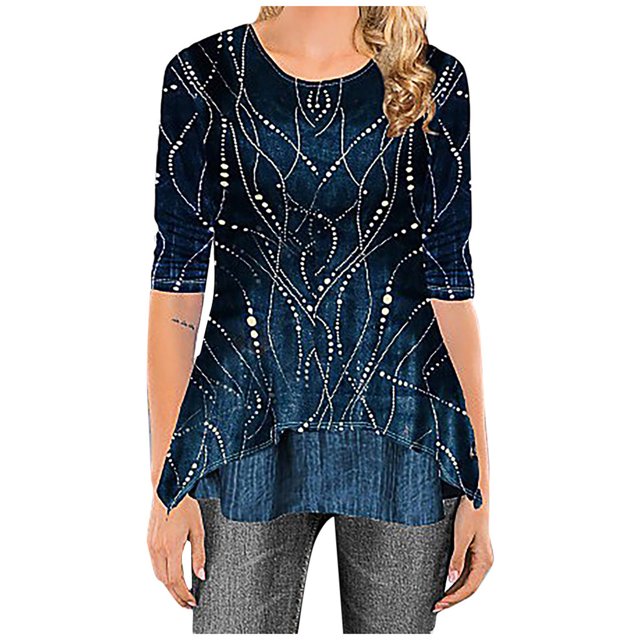 Leutsin Blouse Femme Col Rond Manches Mi-Longues Imprimé Grande Taille