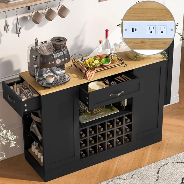 47" Wine Bar Cabinet with Power Outlet, Coffee Bar Buffet Sideboard with Wine Rack, Liquor Storage Cabinet with Drawers, Modern MDF Kitchen Credenza for Dining Room, Kitchen, Living Room (Black)
