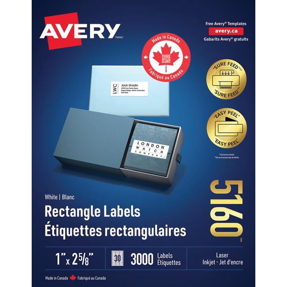 Avery White Rectangle Labels with Easy Peel,1" x 2 ⅝", for Laser and Inkjet Printers - 5160