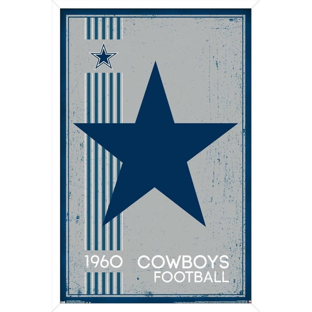 NFL Dallas Cowboys - Retro Logo 14 Wall Poster, 22.375" x 34" featuring a large navy blue star on a distressed gray background with vertical stripes and a smaller outlined star above. White text at the bottom left reads '1960 Cowboys Football'. The framed poster has a satin finish and is ideal for decorating bedrooms, offices, or dorm rooms.