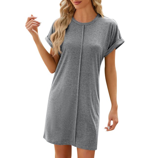 TJAZFJPA Robes pour Femmes Formelles Mode Décontractée Printemps et Été Col Rond Couleur Unie Manches Courtes Robe Ample Grande Taille Boho pour Femmes Robe de Maternité Maxi