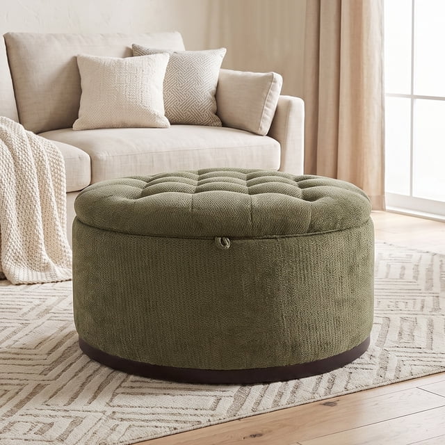 Key Table Writing Noble House Round Storage Ottoman with Tufted Top,Hidden Space for ...
