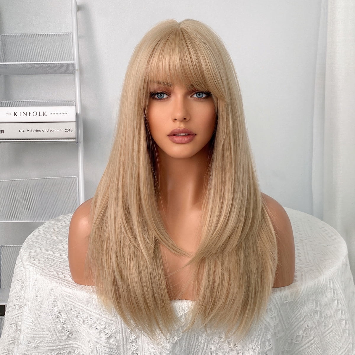 24 Inch Long Straight Layered Wig with Bangs Synthetic Heat Resistant Full Elegant Linen Blonde Long Straight Wig with Bangs for Women  main image 4