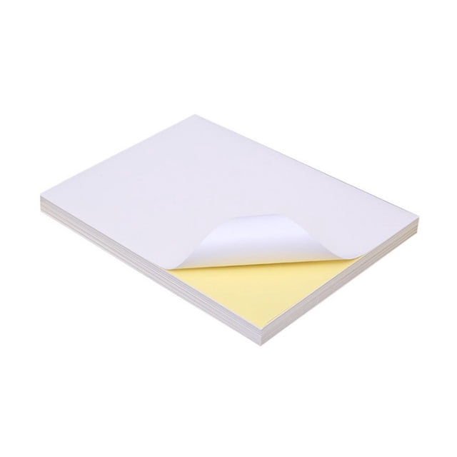 OUSITAID 100PCS Vinyl Sticker Paper Adhesive Decal Paper Printable Paper for Inkjet Printer. A stack of matte white vinyl sticker sheets with a peel-back yellow adhesive layer, designed for laser and inkjet printers. Made of durable, waterproof wood pulp material with good toughness and tear resistance. Suitable for creating custom-sized stickers, including body or face decals, and compatible with circuit machines.