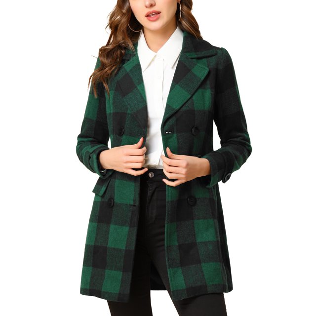 INSPIRE CHIC Manteau à Carreaux à Revers Cranté à Manches Longues à Double Boutonnage pour Femme en Vert, Conçu avec un Motif à Carreaux Surdimensionné, une Encolure Élégante et un style à Double Boutonnage. Idéal pour les Tenues Décontractées, les Réunions d'Affaires Ou les Sorties de Fin de Semaine. Fabriqué à Partir de 90 % polyester et 10 % Laine, Ce blazer Polyvalent s'Agence Sans Effort avec des Tenues Chics Ou Décontractées.