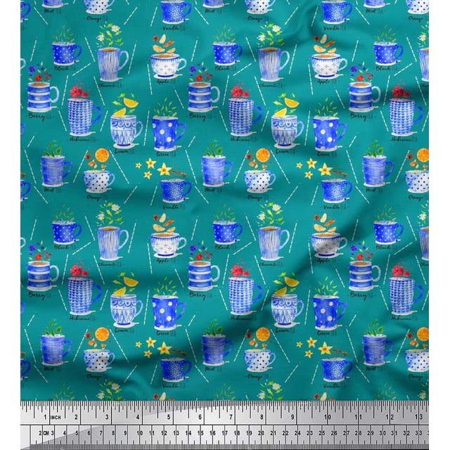 Soimoi Velvet Fabric Spices & Tea Cup Watercolor Print Fabric by The Yard 58 Inch Wide