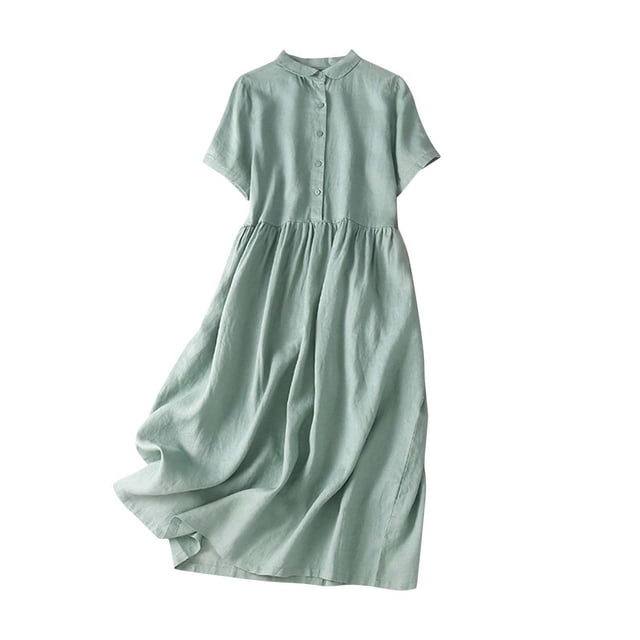 Staron Robe d'Été pour Femme à Col, Manches Courtes, Bohème, Coton et Lin, Robe Midi Plissée Fluide de Plage de Couleur Vert Pâle. Cette Robe Décontractée avec devant Boutonné, Manches Courtes et design Plissé Fluide Mi-Long. Convient au Printemps et à l'Été, Elle Est Fabriquée en Mélange Respirant Coton-Lin et Offre une Coupe Décontractée. Idéale pour les Sorties Décontractées, les Journées à la Plage Ou les Événements d'Été.