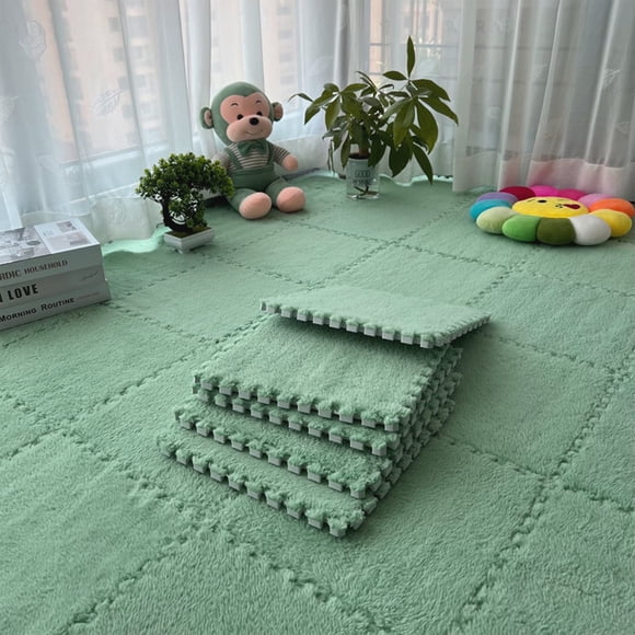 Tapis Emboîtables Shaggy Doux en Mousse EVA, Tuiles Moelleuses Carrées Épaissies en Peluche, Dalles de Sol Protectrices, Tapis d'Exercice et de Jeu pour Enfants, Chambre d'Enfant, Salon, Chambre à Coucher (Vert Menthe, 12 Pcs)