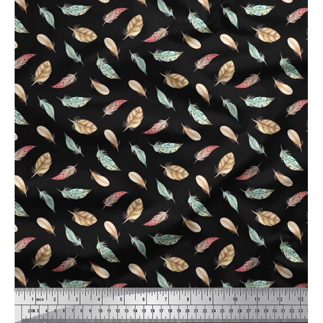 Soimoi Black Heavy Canvas Fabric Artistic Feather Print Sewing Fabric Yard 58 Inch Wide