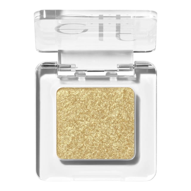 e.l.f. Cosmetics Fine as Fleck Glitter Eyeshadow in a clear square compact with hinged lid, featuring shimmering gold micro-fine glitter powder eyeshadow designed as a sheer topper to enhance eye makeup with sparkle.