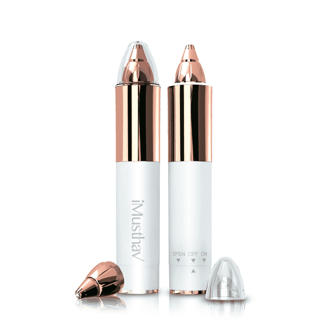 iMusthav Portable Eyebrow Hair Remover Trimmer in crystal white with 18K gold-plated accents, featuring a pencil-shaped tip for precision grooming. The device includes a 360° LED light for enhanced visibility and a detachable waterproof blade for easy cleaning. Compact and lightweight, it is designed for painless removal of eyebrow, nose, and ear hair. The trimmer is shown with its protective dust cover and additional cap accessories.