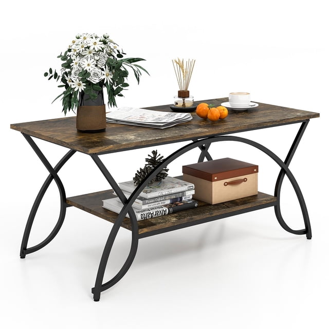 Giantex Table Basse Industrielle/moderne à 2 Niveaux, Table de Cocktail Rectangulaire, Table d'Appoint avec Cadre Métallique Arqué, Brun Foncé