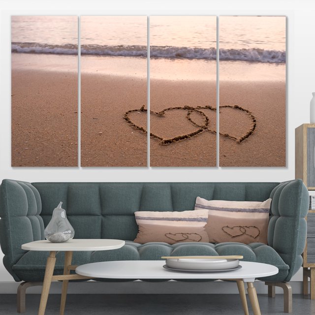 Two Hearts Drawn on the Beach - Extra Large Seascape Art Canvas