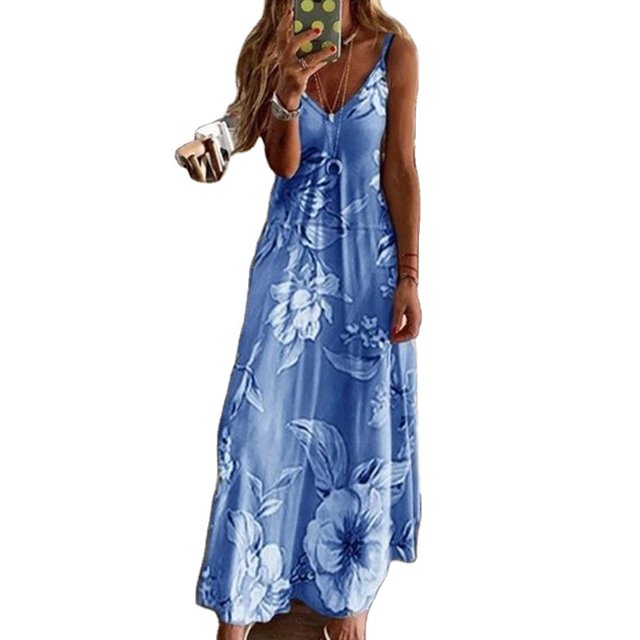 Robe à Bretelles Spaghetti Bohème pour Femme, Imprimé Floral Vintage, Sans Manches, Longue Maxi, Été, Plage, Vacances, Robe d'Été (Bleu Foncé, S)